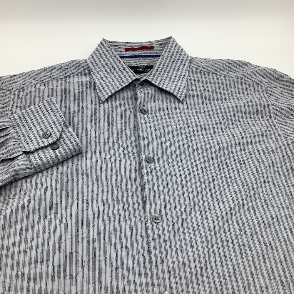 Bugatchi Mens Long Sleeve Button Up Shirt Gray Blue Striped Size Medium
